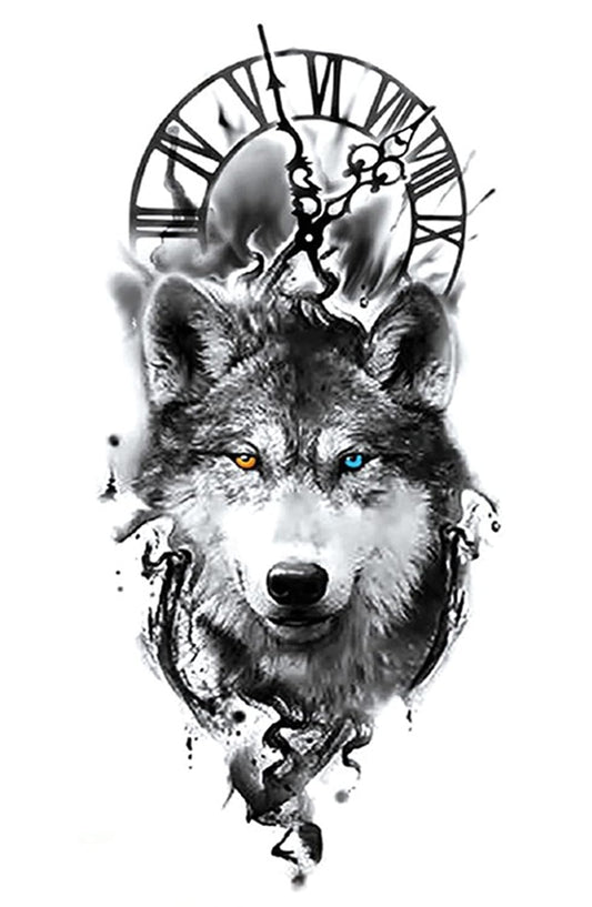 S.A.V.I Temporary Tattoo Stickers, Black Wolf Colored Eyes Ancient Clock Pattern For Men, Women, Tattoo For Hand Arm, Size 21x11cm - 1Pc.