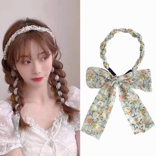 S.A.V.I Floral Light Green Headband for Women & Girls – Soft Fabric Hairband with Pearls & Bow Knot – Handmade Stylish Hair Accessory for Casual, Party & Ethnic (59cm)