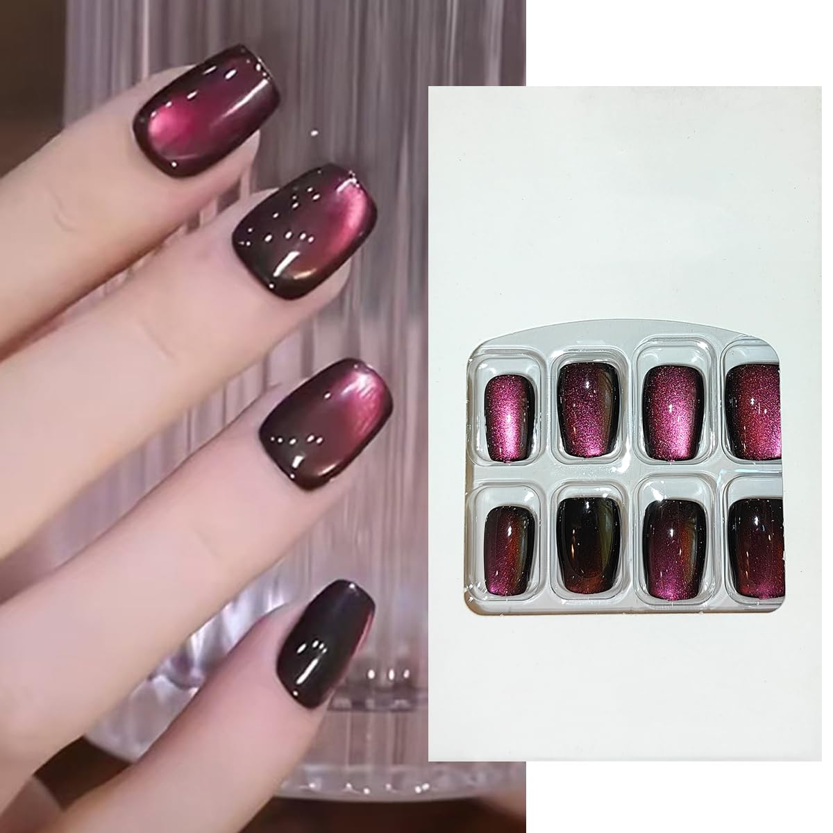 S.A.V.I Cat’s Eye Dark Wine Coffin Shape Press On Nails for Women | 24pcs Medium Length Artificial Nail Tips with Glue & Adhesive Tabs | Glossy Magnetic Effect Fake Nails for DIY Nail Art