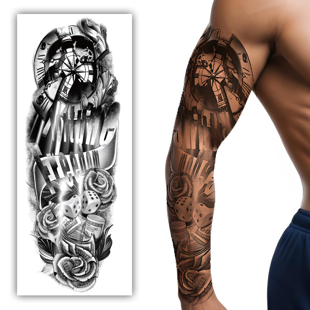 S.A.V.I Full Arm Tattoo Sleeve for Men – 48x17cm Black Temporary Body Art with Realistic Clock, Dice, Rose Design – Waterproof, Non-Toxic, Safe – Long Lasting for Parties, Events, Photoshoots