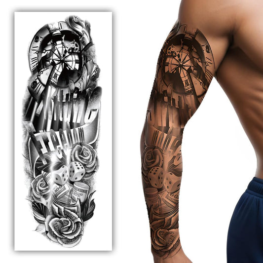 S.A.V.I Full Arm Tattoo Sleeve for Men – 48x17cm Black Temporary Body Art with Realistic Clock, Dice, Rose Design – Waterproof, Non-Toxic, Safe – Long Lasting for Parties, Events, Photoshoots