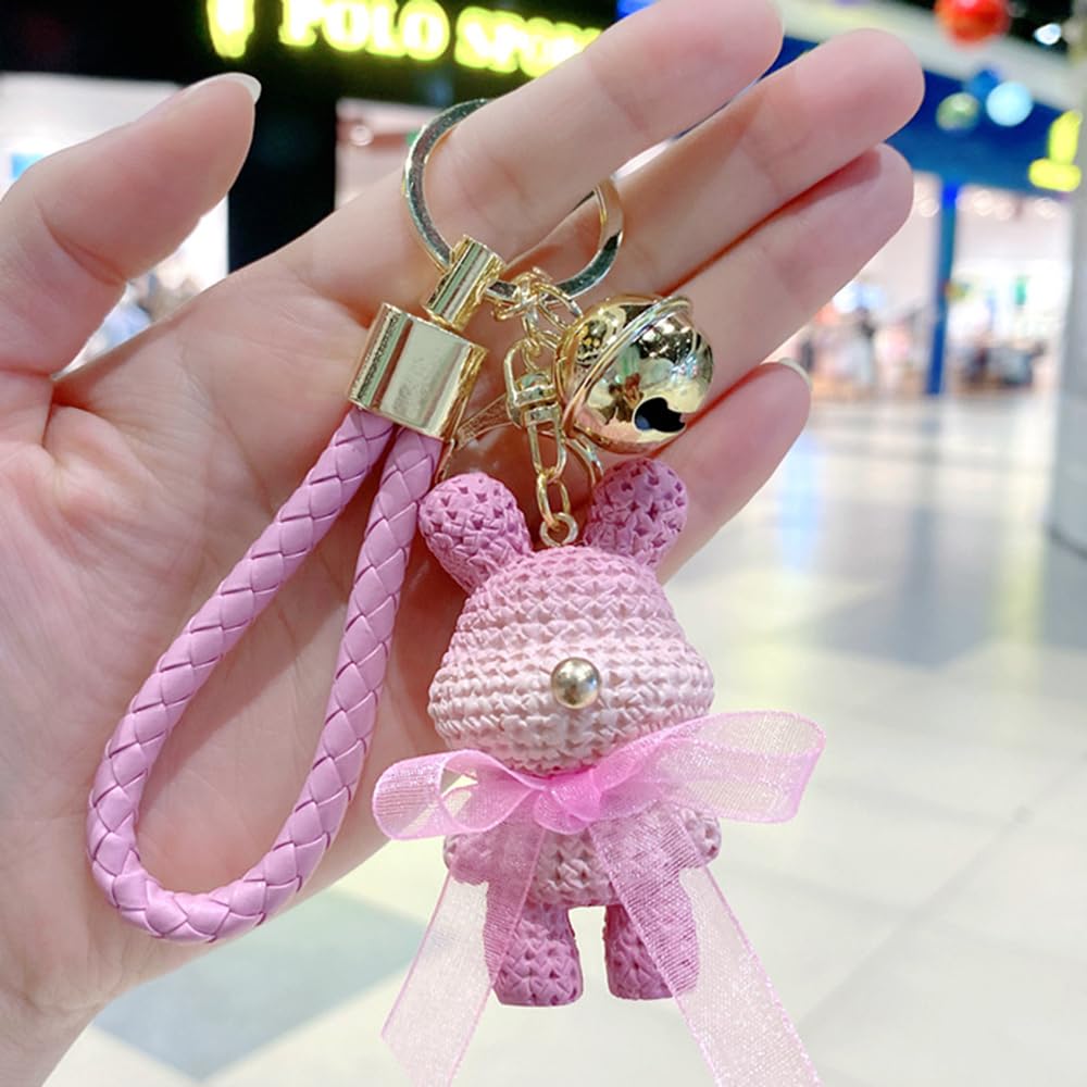 S.A.V.I Cute Pink Bunny Resin Keychain with Bow & PU Leather Strap | Stylish Golden Ring & Bell Charm | Bag, Purse & Car Key Holder for Girls & Women – Lightweight 56g (6cm)