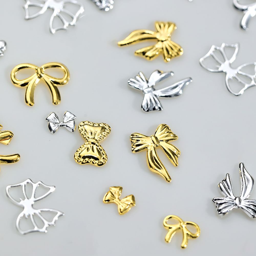 S.A.V.I Bow Nail Art Charms Set – 3D Gold & Silver Metal Bows for Nails | 12 Unique Styles | Nail Accessories for DIY Nail Art, Acrylic, Gel Manicure | 130mm Box, 30g Kit