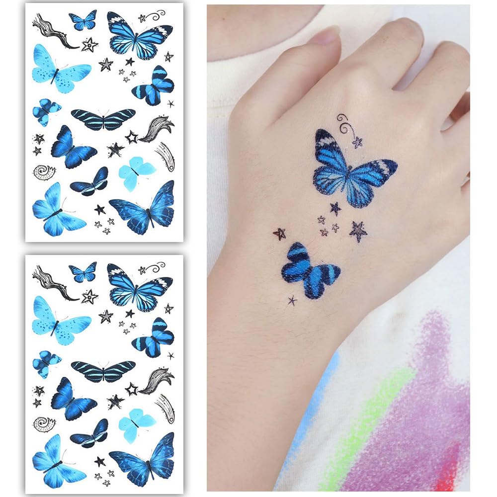 S.A.V.I 2 Sheets, Blue Butterfly Temporary Tattoos for Women  Kids, Waterproof  Long-lasting, Easy Apply  Remove, Ideal for Parties  Festivals, 12x7.5 cm Each, Body Art Decoration