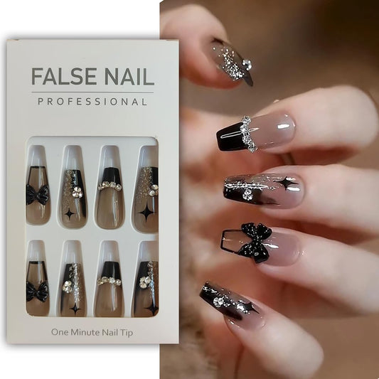 S.A.V.I 24 PCS Black Coffin Nails - 3D Bowknot Design - Reusable Press-On Set with Glue  Tape