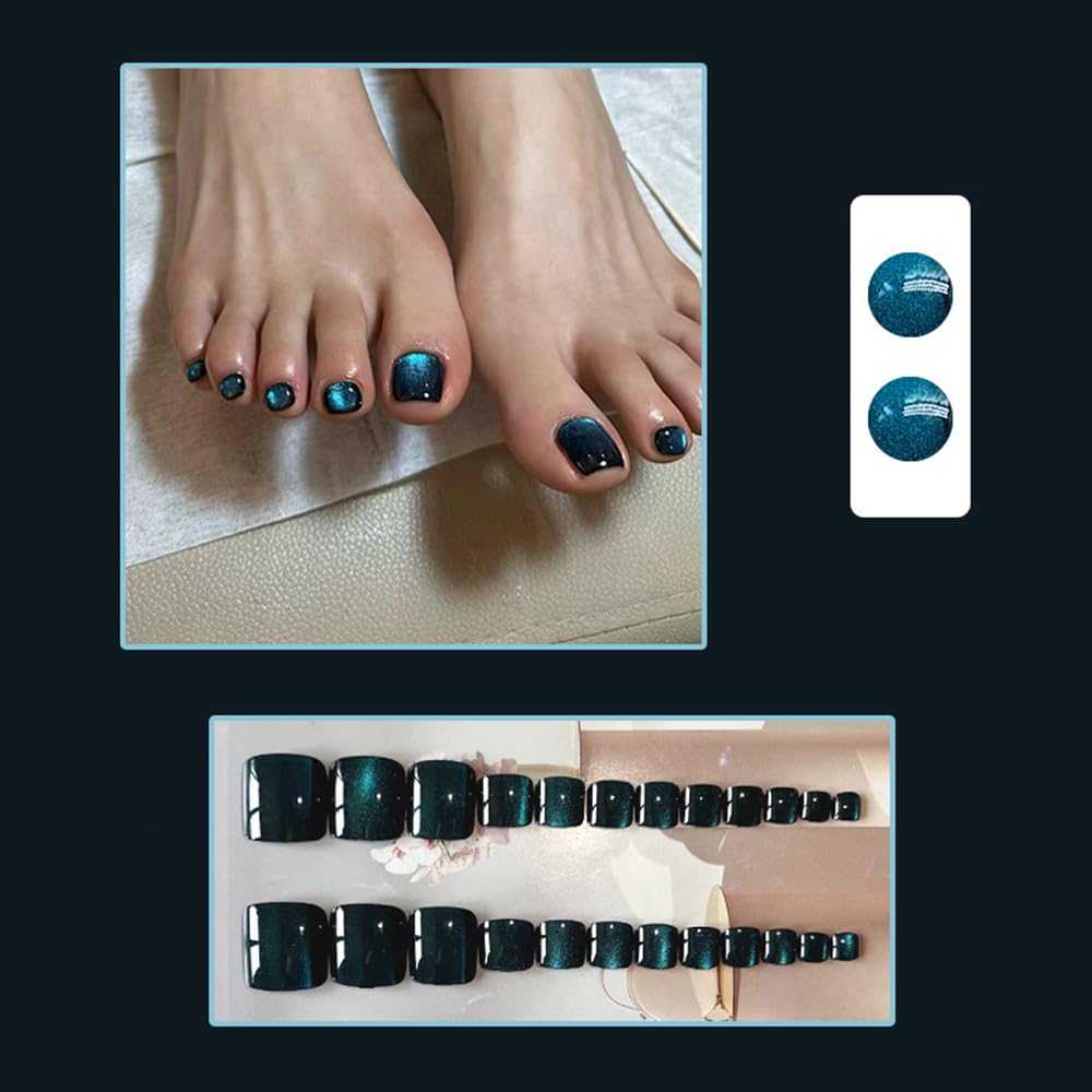 S.A.V.I Beauty Nail Blue Cat’s Eye Toe Fake Nails Set | 24 Pcs Glossy Square Shape Press On Toenails | Durable Acrylic, Reusable DIY Nail Art Pedicure Kit for Women & Girls