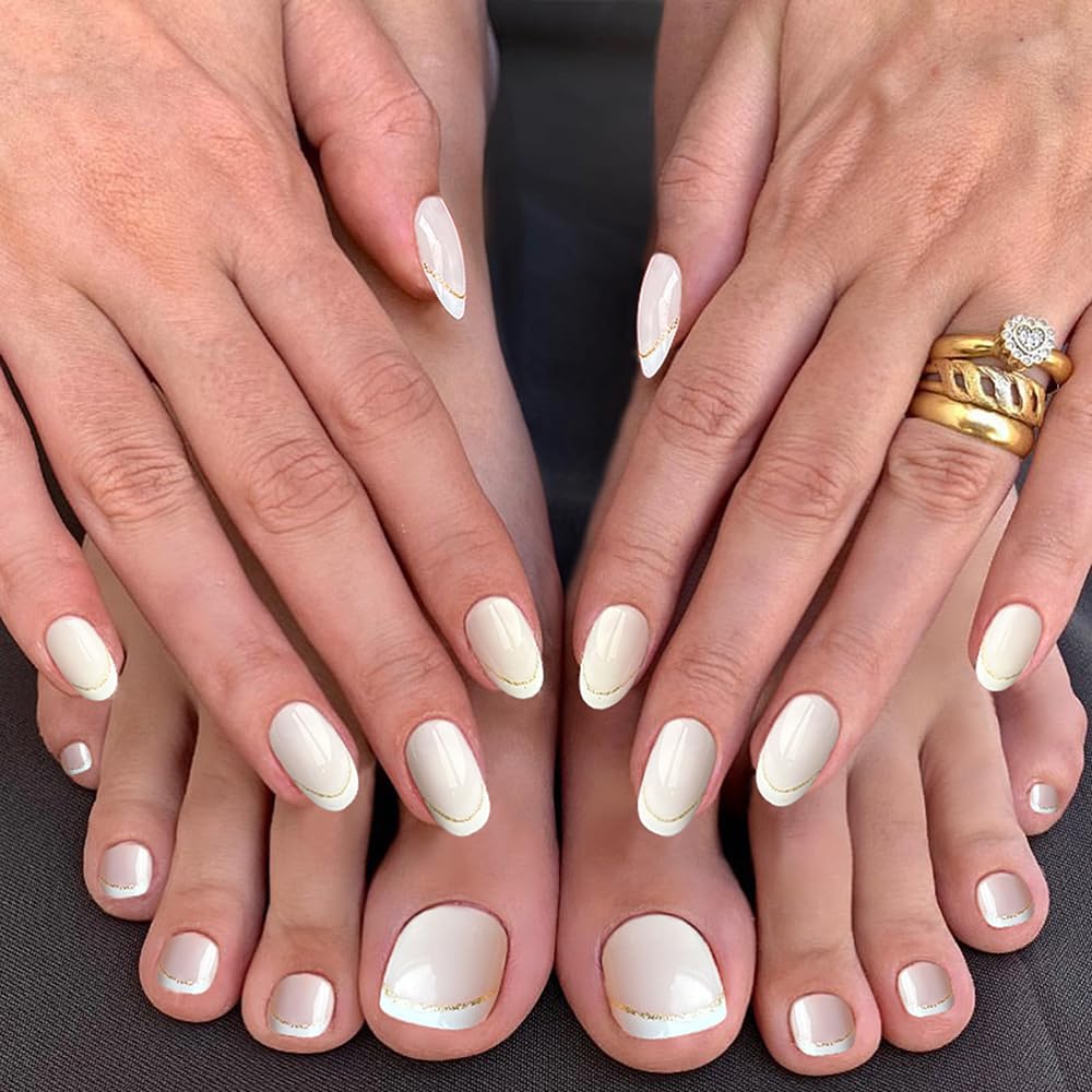S.A.V.I 48 Pcs Off White French Tip Press On Nails Set for Hands & Feet | Medium Oval & Square Shape | Gold Glitter Line | Reusable Nail Art Kit with Adhesive Tabs & Nail File