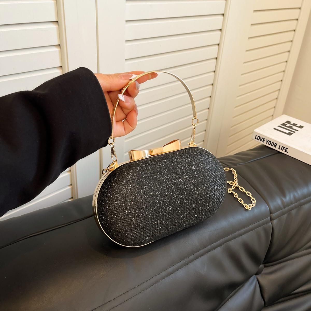 S.A.V.I Women’s Black Glitter Clutch Bag | Oval Hard Case Evening Purse with Gold Chain & Bow | Stylish Party & Wedding Handbag for Girls & Women (Black)