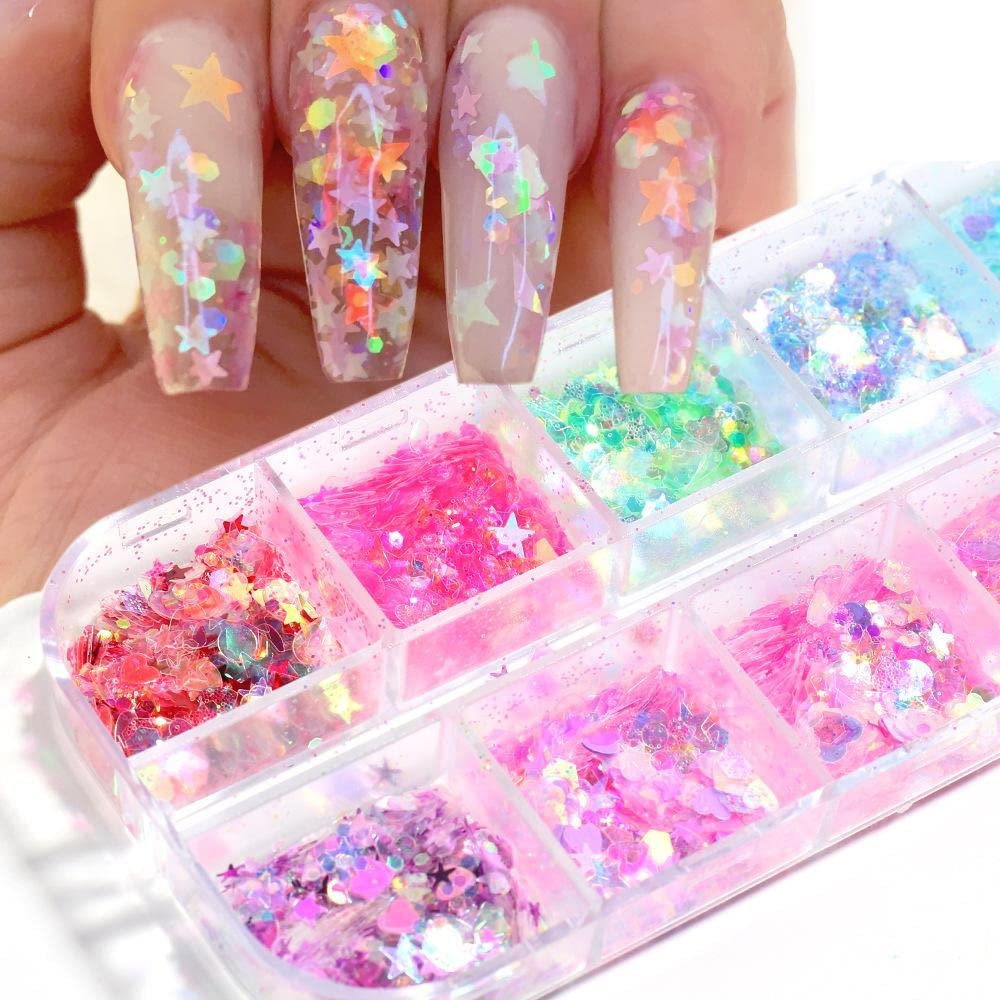S.A.V.I 12 Colors Luminous Sequins Star Heart Hexagon Butterfly Glow in the Dark DIY Nail Art