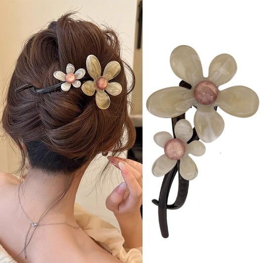 S.A.V.I Stylish Floral Hair Clip for Women & Girls | 13cm Beige & Pink Acrylic Flower Clutcher | Strong Grip Hair Accessory for Long, Medium Hair | Elegant for Party, Daily & Casual