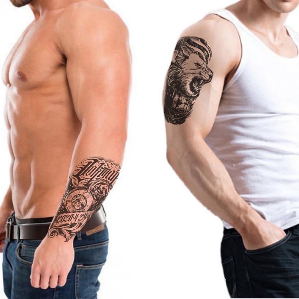 S.A.V.I 3 Pcs Large Temporary Tattoo Sheets for Men – Wolf, Lion & Clock Design – Realistic Black Waterproof Removable Arm Sleeve Tattoos – 21x10cm Safe Non-Toxic Body Art for Parties & Events (#01)