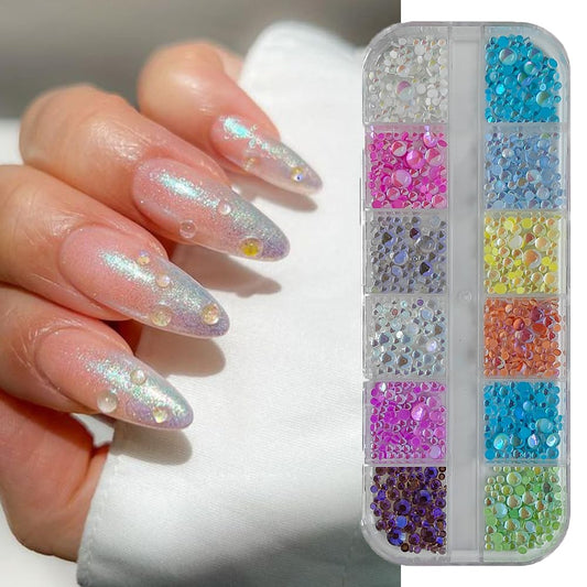 S.A.V.I 12-Color Flatback Aurora Mermaid Resin Rhinestones for Nails | 3D DIY Nail Art Gems | 1.5-5mm Round Mixed Sizes | Multi-Color Sparkle Stones for Manicure, Pedicure & Craft Decoration