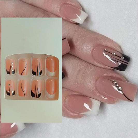 S.A.V.I 24Pc Nude French Manicure Press-On Nails - Long Square Shape with Adhesive Tabs  Liquid Glue