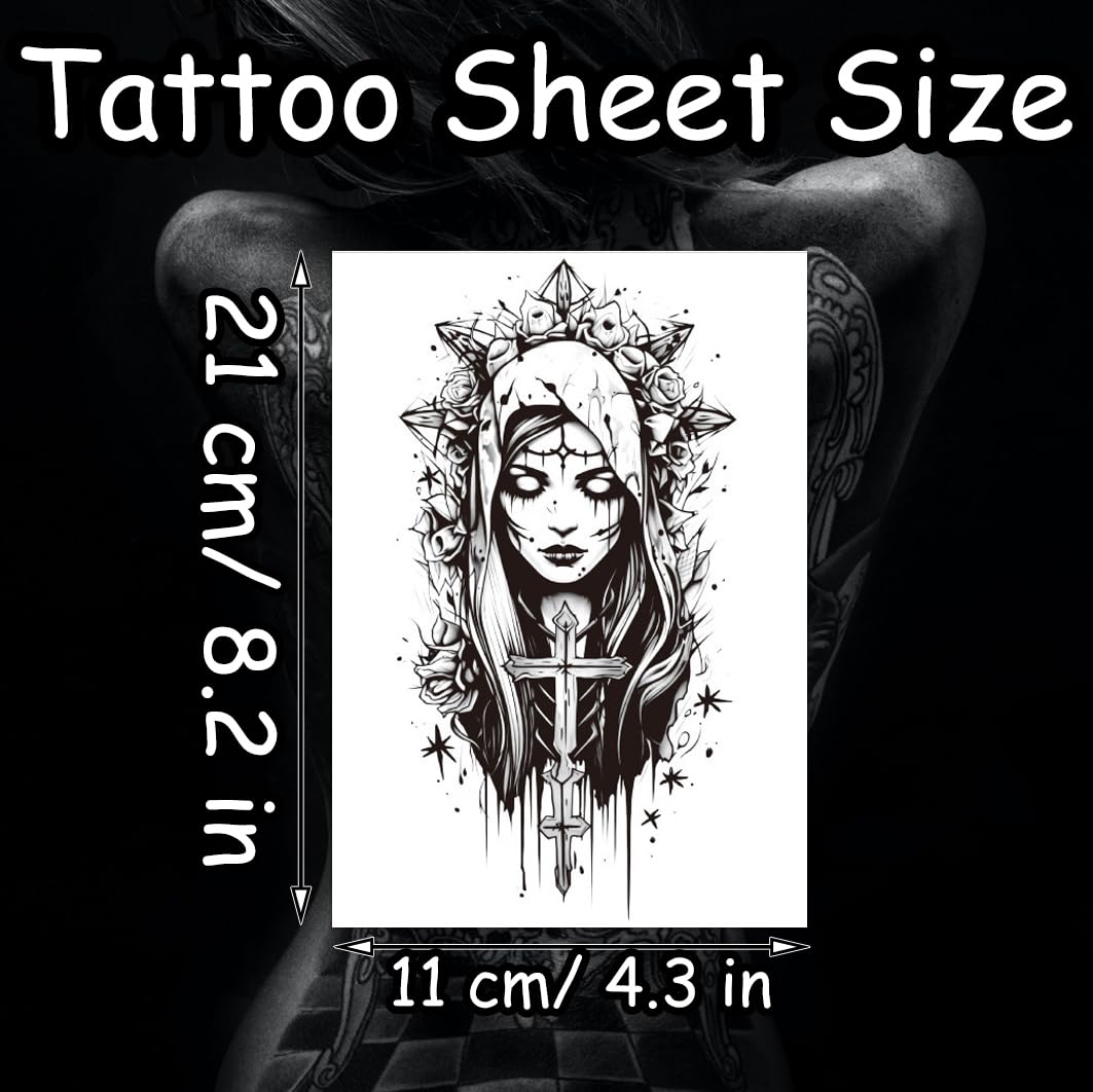 S.A.V.I Large Gothic Virgin Mary Temporary Tattoo for Men, 1 Pc, Black 21x11 cm Waterproof Non-Toxic Realistic Half Arm Body Art Sticker, Long-Lasting Transfer Tattoo for Festival & Party Use