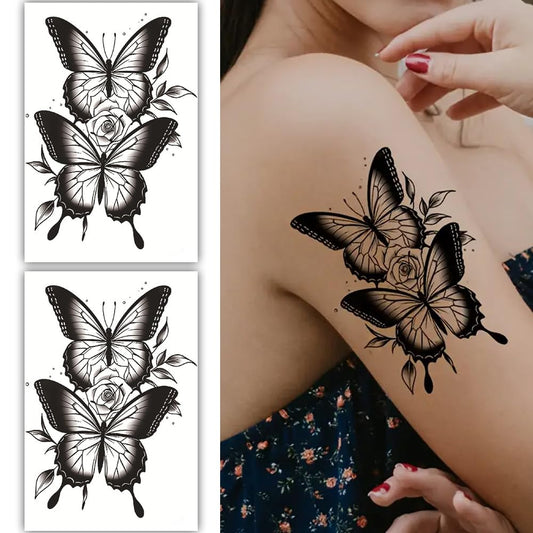 S.A.V.I 2 Sheets Black Butterfly Temporary Tattoos with Rose Design – Waterproof, Long-Lasting Body Art Stickers for Women | 19x12cm | Easy to Apply  Remove | Perfect for Arms, Shoulders  More