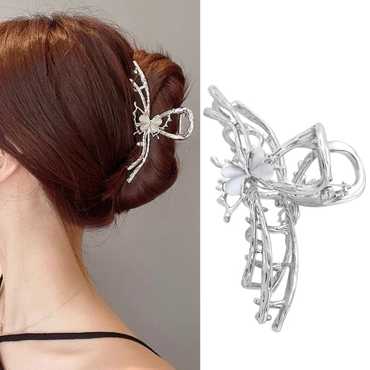 S.A.V.I Silver Butterfly Hair Claw Clip for Women & Girls | 11.5cm Large Metal Clutcher for Thick Hair | Strong Grip Floral Design Bun Holder | Stylish Hair Accessory for Daily