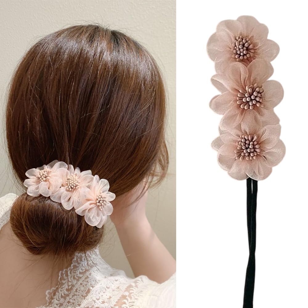 S.A.V.I Elegant Pink Lace Flower Hair Clip for Women | Stylish Floral Bun Maker Hair Accessory | Weddings, Parties | 32cm Lightweight (1 Pc)