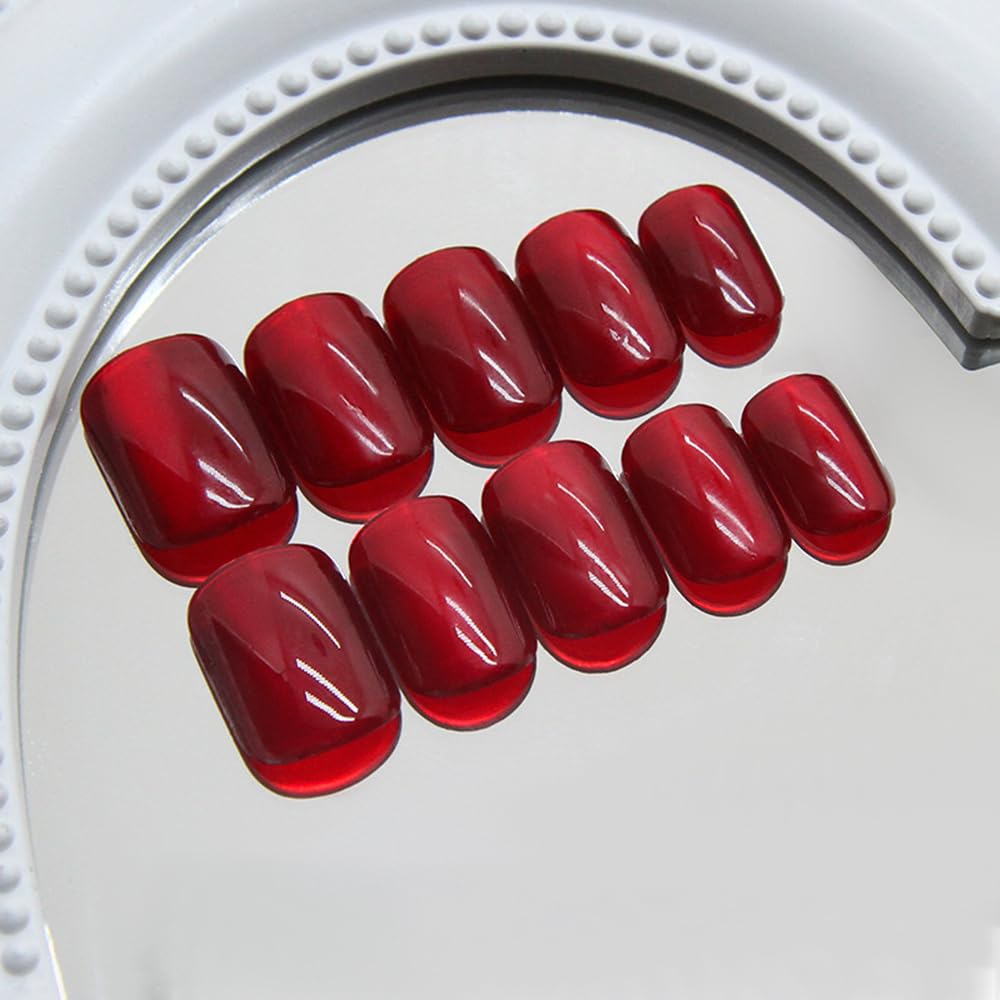 S.A.V.I 24 Pcs Short Red Cat’s Eye Glossy Press On Nails – Natural Shape – Reusable Fake Nails with Nail Glue & Adhesive Tabs – DIY Salon-Quality Manicure at Home