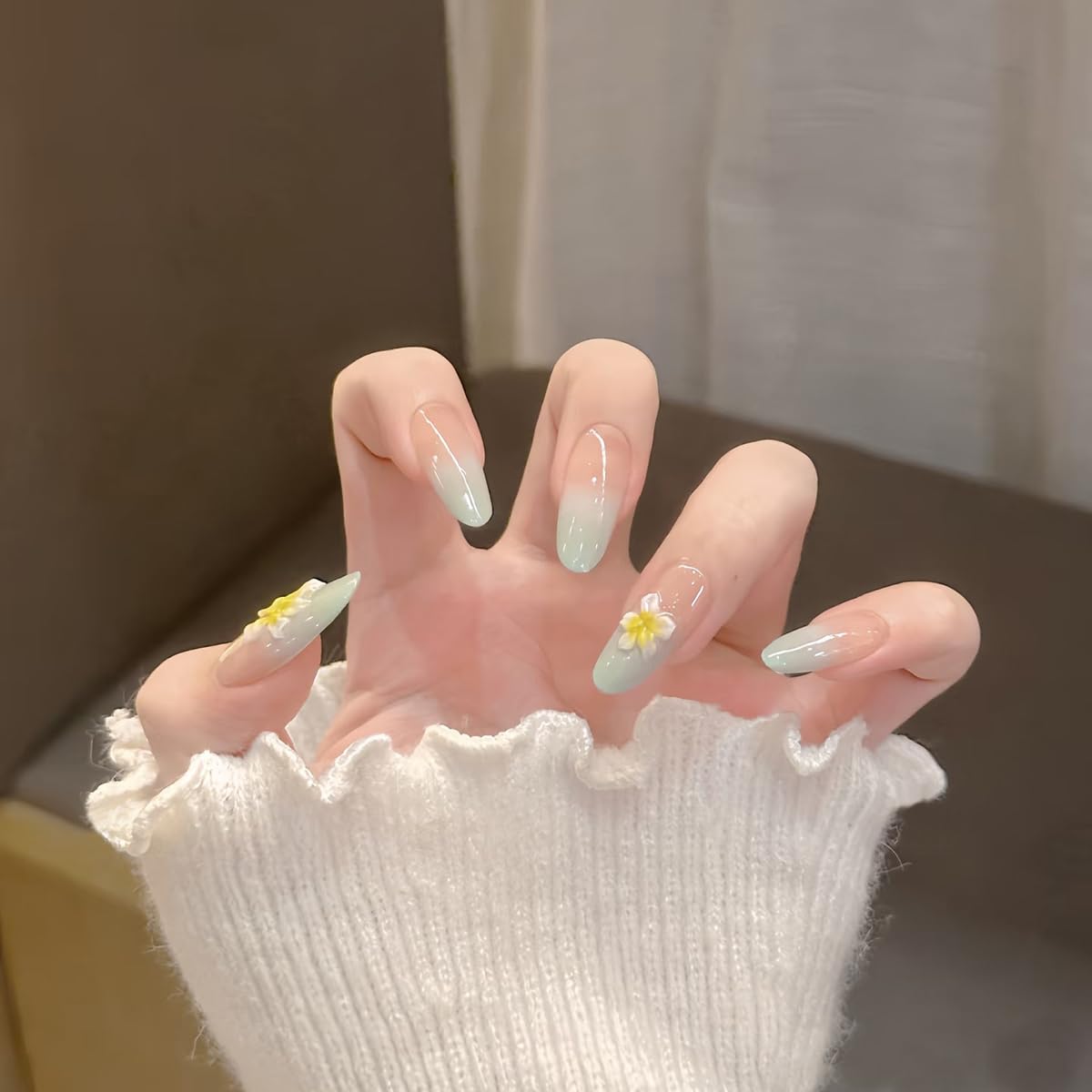 S.A.V.I 24 Pcs Long Almond Artificial Nails for Women & Girls | Gradient Nude & Green Press On Nails with 3D Flower Design | Reusable False Nail Tips with Glue & Adhesive Tabs | DIY Nail Art Set