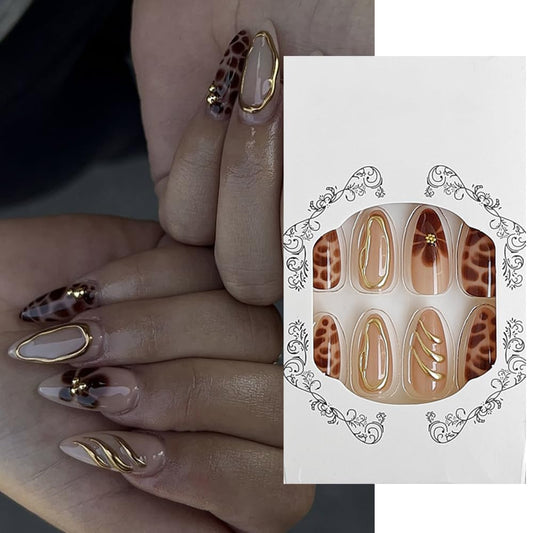 S.A.V.I 24Pcs Long Almond Nude & Brown Press-On Nails with 3D Chrome & Leopard Print – Reusable Nail Extensions with Glue & Adhesive Tabs for Salon-Style Manicure