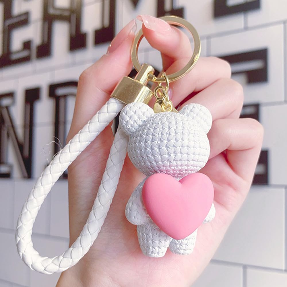 S.A.V.I Cute White Bear Keychain with Pink Heart Charm | Resin Teddy Pendant (6.2cm) | Braided PU Leather Wrist Strap & Gold Ring | Stylish Key Holder for Girls, Women & Accessories (White)