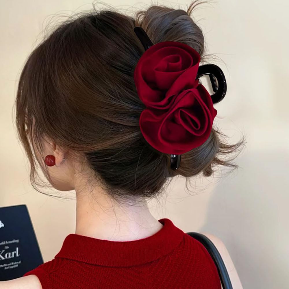 S.A.V.I Red Rose Hair Claw Clip for Women & Girls | Elegant Fabric Flower Design | Strong Grip Clutcher with Metal Spring | Stylish Hair Accessory for Daily, Wedding & Party (5.1 Inch)