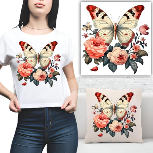 S.A.V.I Butterfly Flower Applique Patch Iron-On Heat Transfer Sticker, 8.5x8.2 Inches, DIY Washable Decor for T-shirts, Hoodies, Jeans, Pillows, Backpacks - Stylish Floral Design for Clothing  Accessories