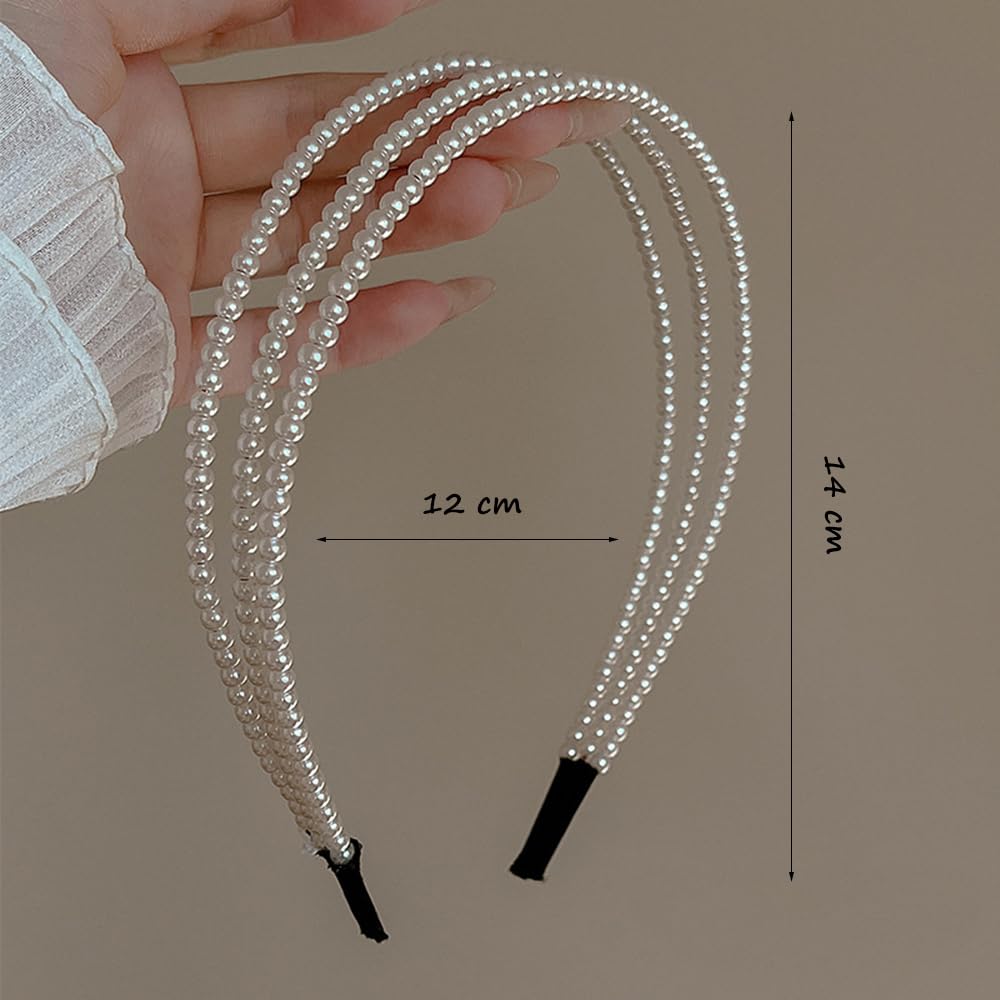 S.A.V.I White Pearl Beaded Triple Layer Hairband for Women & Girls | Stylish Headband for Long Hair | Elegant Hair Accessory for Party & Daily | Fashion Hair Band (12x14 cm)