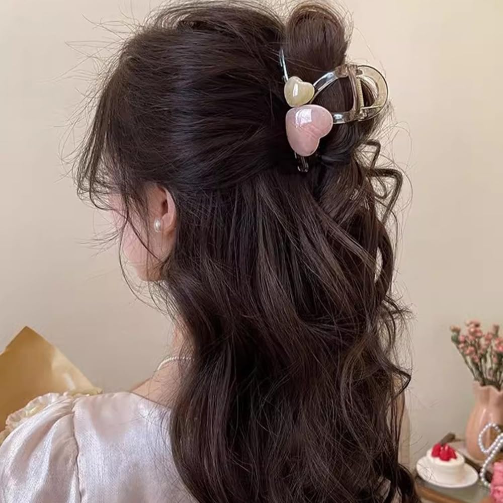 S.A.V.I 8cm Heart Shape Hair Claw Clip for Women & Girls | Pastel Pink & Beige Acrylic Hair Clip | Strong Grip Clutcher for Thick Hair | Stylish Daily & Party Hair Accessory
