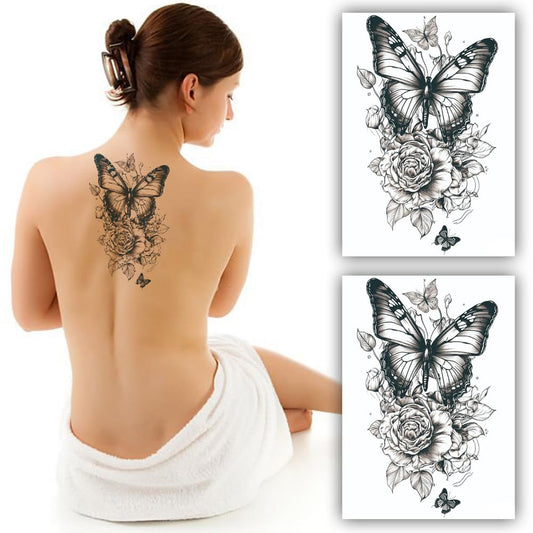 S.A.V.I 2PCS Large Butterfly  Rose Temporary Tattoo Stickers, 22x15 cm - Elegant, Detailed Design for Men  Women