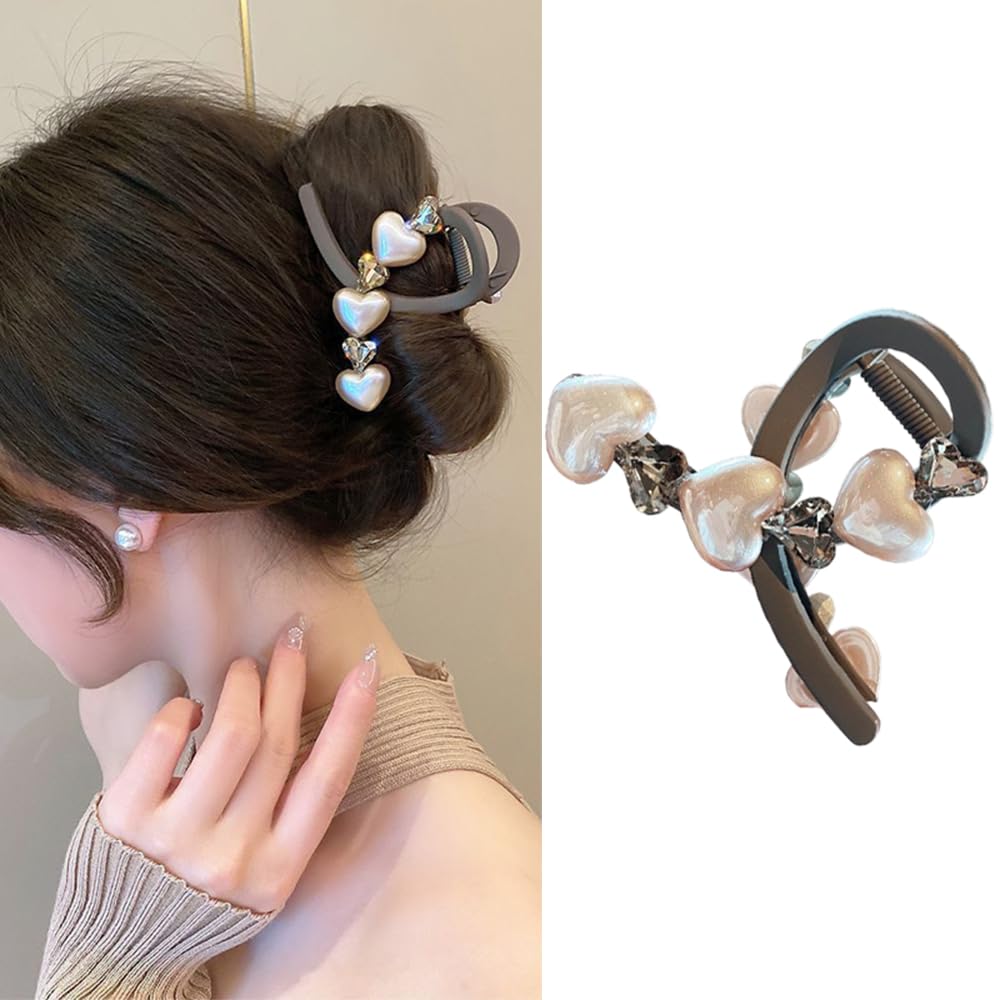 S.A.V.I Heart  Crystal Hair Claw Clip for Women  Girls | Elegant Pearl Finish | Brown Matte Grip | Strong Hold for Bun  Ponytail | Stylish  Durable Hair Accessory for Casual, Party  Office