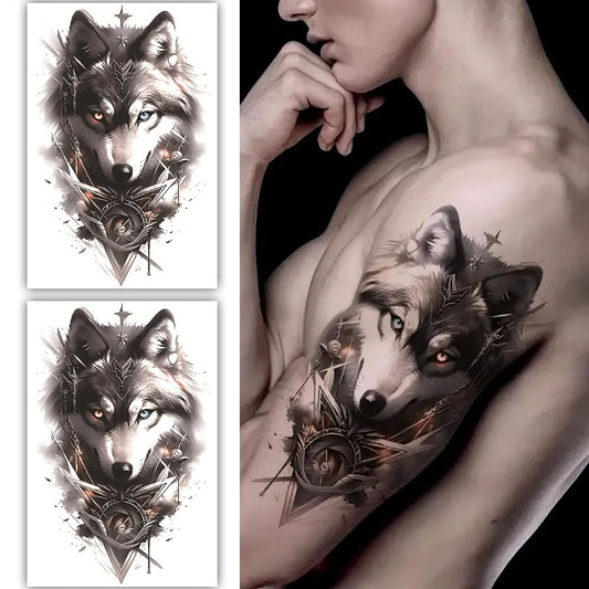 S.A.V.I 2 Sheets Large Wolf Temporary Tattoo Stickers - 19x12cm Waterproof Black  Grey Body Art for Men  Women - Realistic Chest, Arm, Back Design - Easy Apply  Remove, Long-Lasting