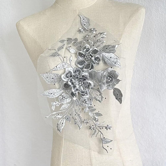 S.A.V.I 3D Floral Lace Applique Patch – Handcrafted Beaded  Sequined Embroidery (14.5x9 in) for Bridal Wear, Sarees, Lehengas, Gowns, Blouses  DIY Craft Sewing – 1PC Elegant Fabric Patch (Grey)