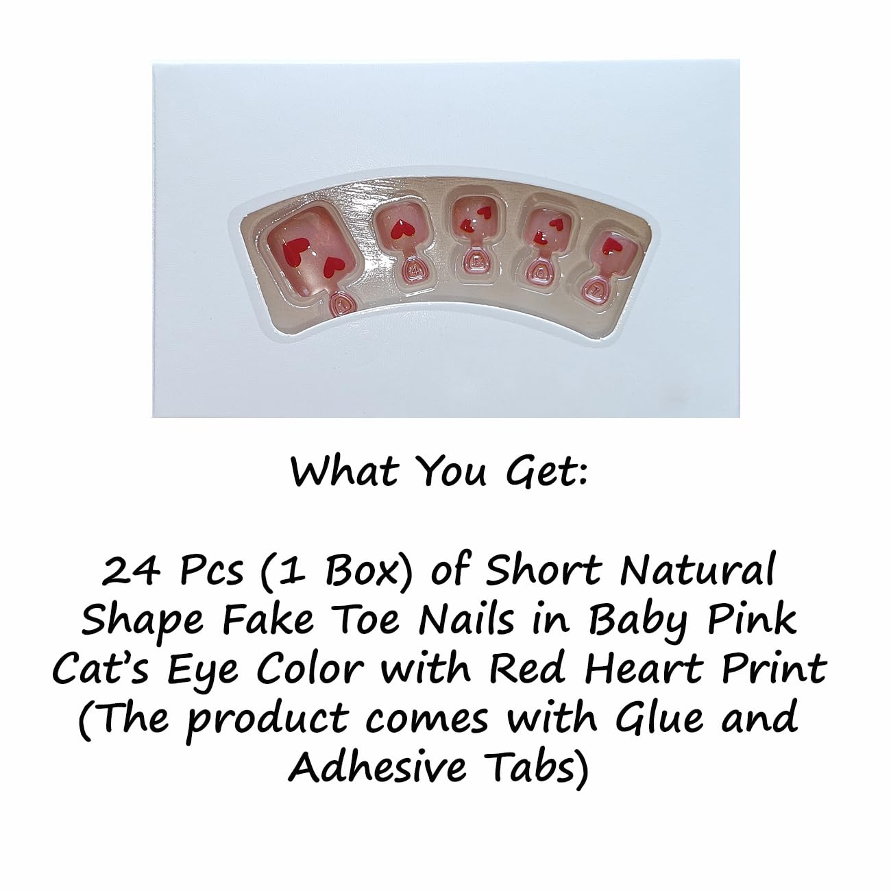 S.A.V.I 24 Pcs Fake Toe Nails Baby Pink Cat’s Eye Short Natural Shape Press On Nails with Red Heart Print | Artificial Pedicure Tips for Women & Girls | Includes Nail Glue & Adhesive Tabs
