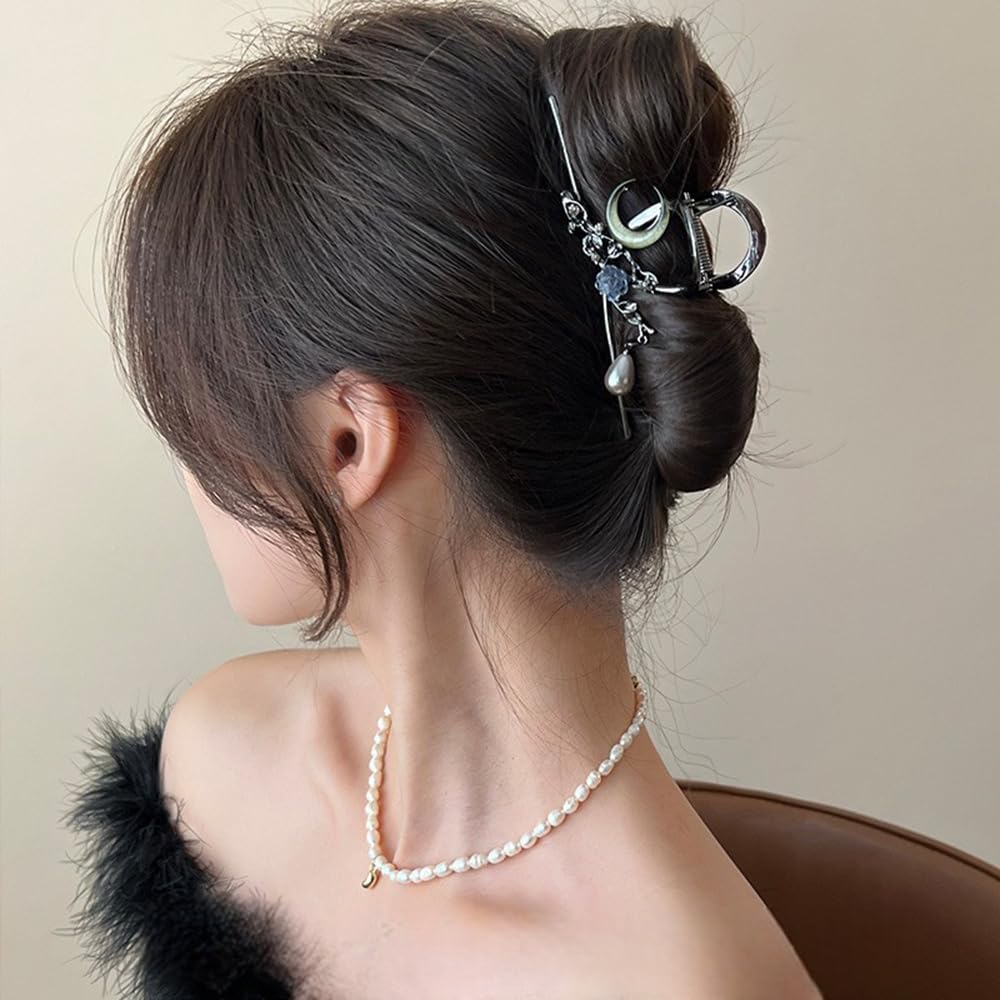 S.A.V.I Gun-Black Big Hair Claw Clip for Women (11.5 cm) | Metal Clutcher with Moon, Rose & Pearl Charms | Strong Grip U-Shape Hair Accessory for Thick Hair, Bun, Office & Party