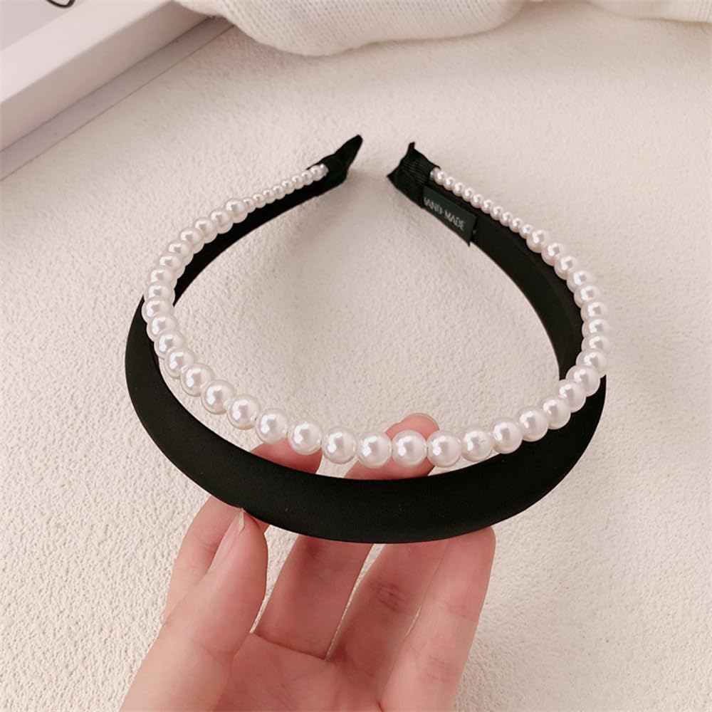 S.A.V.I Women's Black Velvet Hairband with Faux Pearls | Wide Padded Headband for Girls & Women | Elegant Hair Accessory for Wedding, Party & Daily | Comfortable & Stylish Look