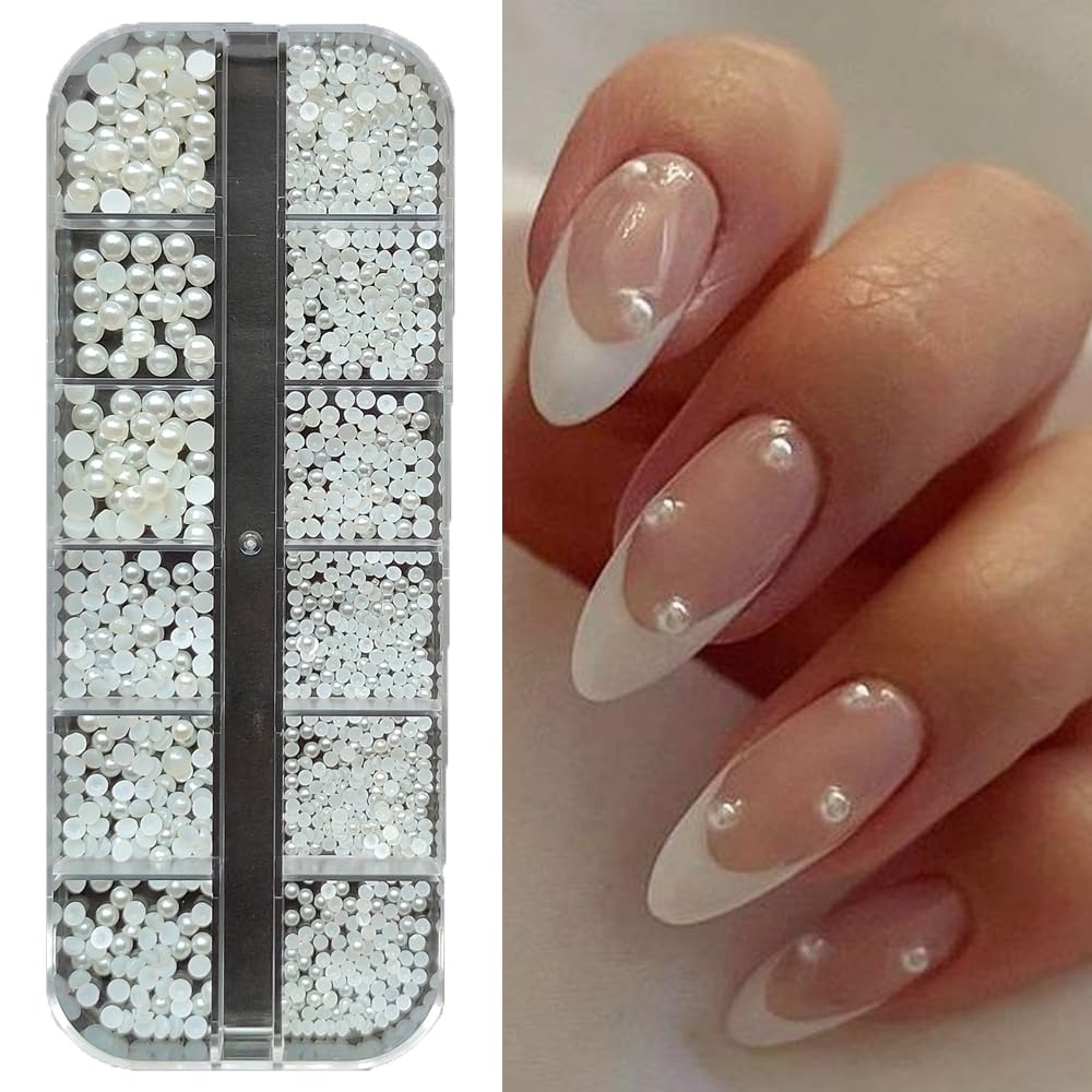 S.A.V.I 12-Grid Natural Pearl Color Nail Art – Semi Circle Flat DIY Manicure Decoration