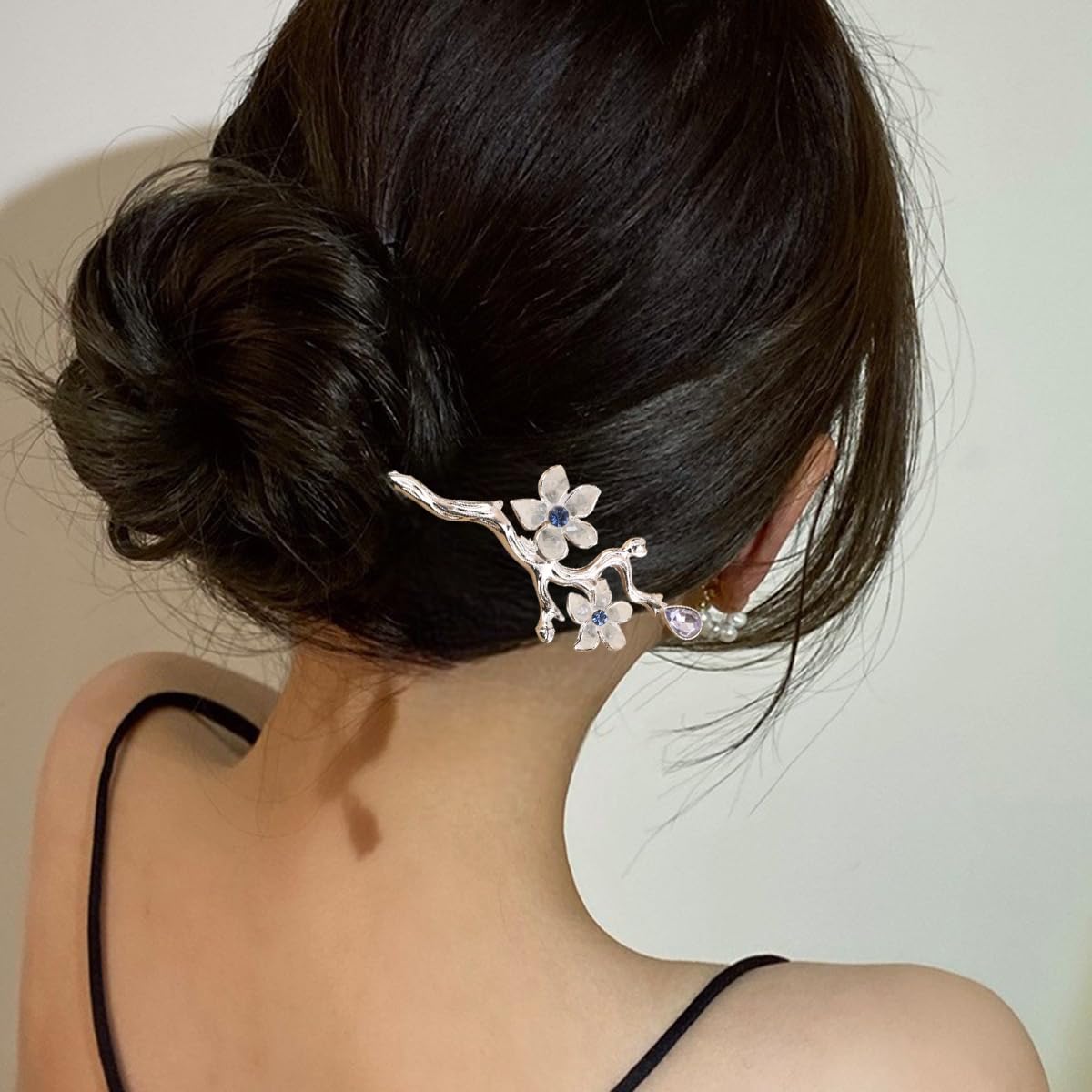 S.A.V.I Silver Cherry Blossom Hair Stick for Women & Girls | 16cm Floral Bun Pin with Crystal Accents | Elegant Traditional & Party Hair Accessory