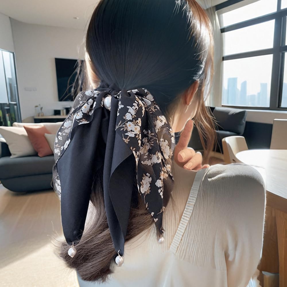 S.A.V.I Black Floral Hair Scrunchie for Women & Girls | Satin & Chiffon Bow with Pearl | Stylish Ponytail Holder | Elegant Rubber Band for Daily, Party & Ethnic | 24x12 cm