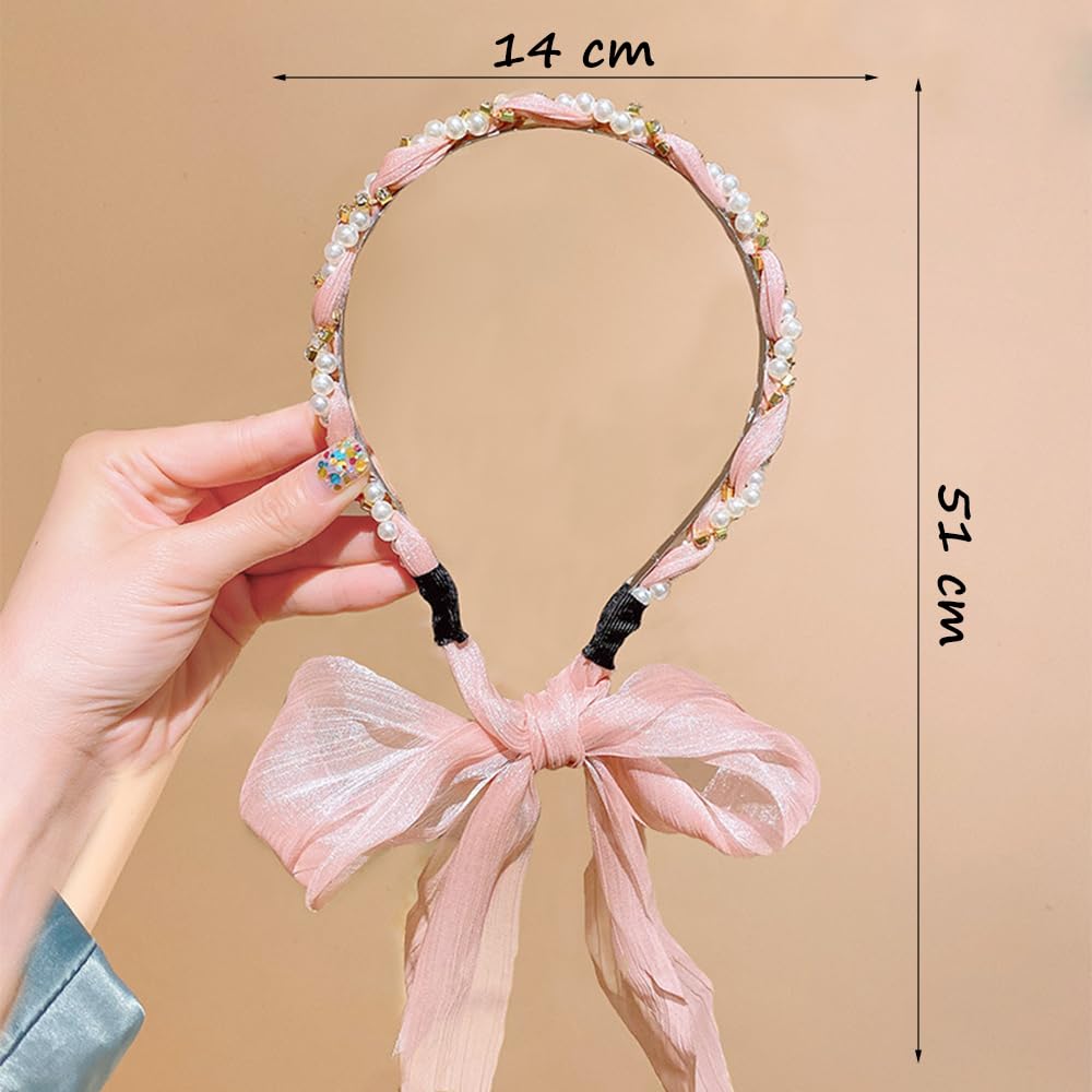 S.A.V.I Pink Pearl & Rhinestone Embellished Headband for Women & Girls | 51cm Soft Satin Ribbon Hairband | Stylish Hair Accessory for Weddings, Parties, Festive