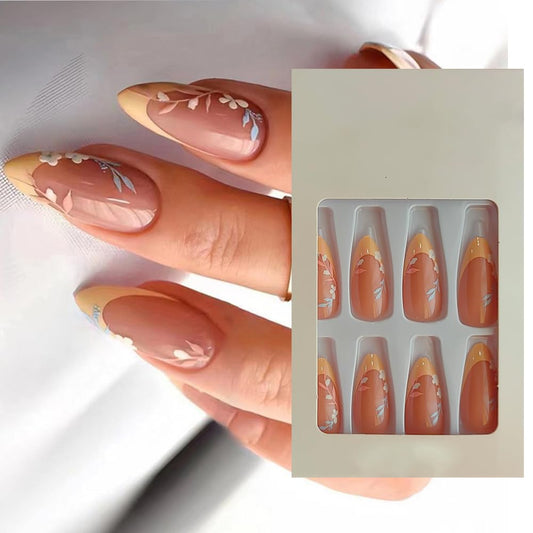 S.A.V.I 24pcs Yellow Floral French Manicure Press-On Nails, Almond Shape, with Adhesive Tabs  Glue