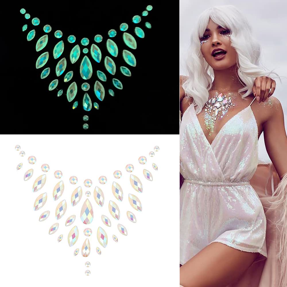 S.A.V.I 3D Luminous Glow in the Dark Body Chest Gems, Crystal Sticker Tattoo Rhinestone Crystal Decoration for Women Girls Events Parties Weddings Clubs