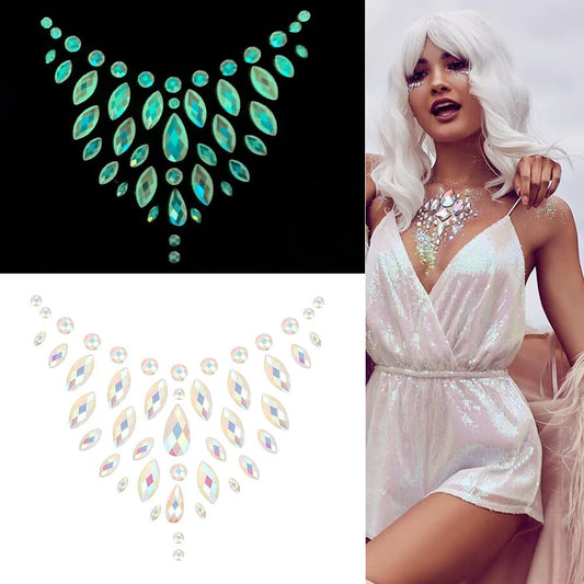 S.A.V.I 3D Luminous Glow in the Dark Body Chest Gems, Crystal Sticker Tattoo Rhinestone Crystal Decoration for Women Girls Events Parties Weddings Clubs