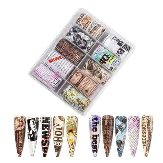 S.A.V.I 10 Rolls Nail Foil 10 Designs of Newspaper Magazine Nail Foil Wraps