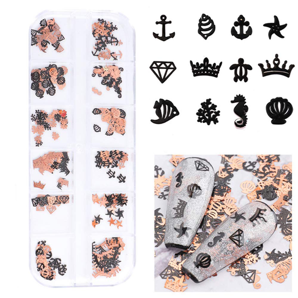 S.A.V.I 3D Nail Art Ultra-thin Black  Rose Gold Sea Animals Metal Sequin Decorations Palette