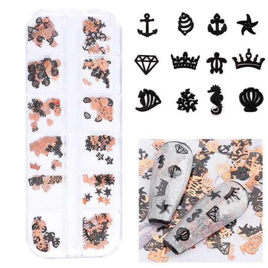 S.A.V.I 3D Nail Art Ultra-thin Black  Rose Gold Sea Animals Metal Sequin Decorations Palette