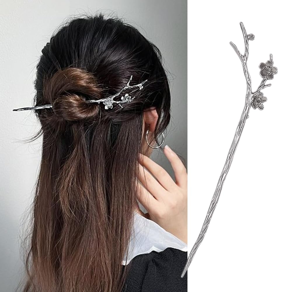 S.A.V.I Silver Cherry Blossom Hair Stick for Women | Elegant Chinese Style Metal Hairpin | Unique Floral Branch Design Hair Accessories for Buns  Hairstyles | Traditional  Modern Look