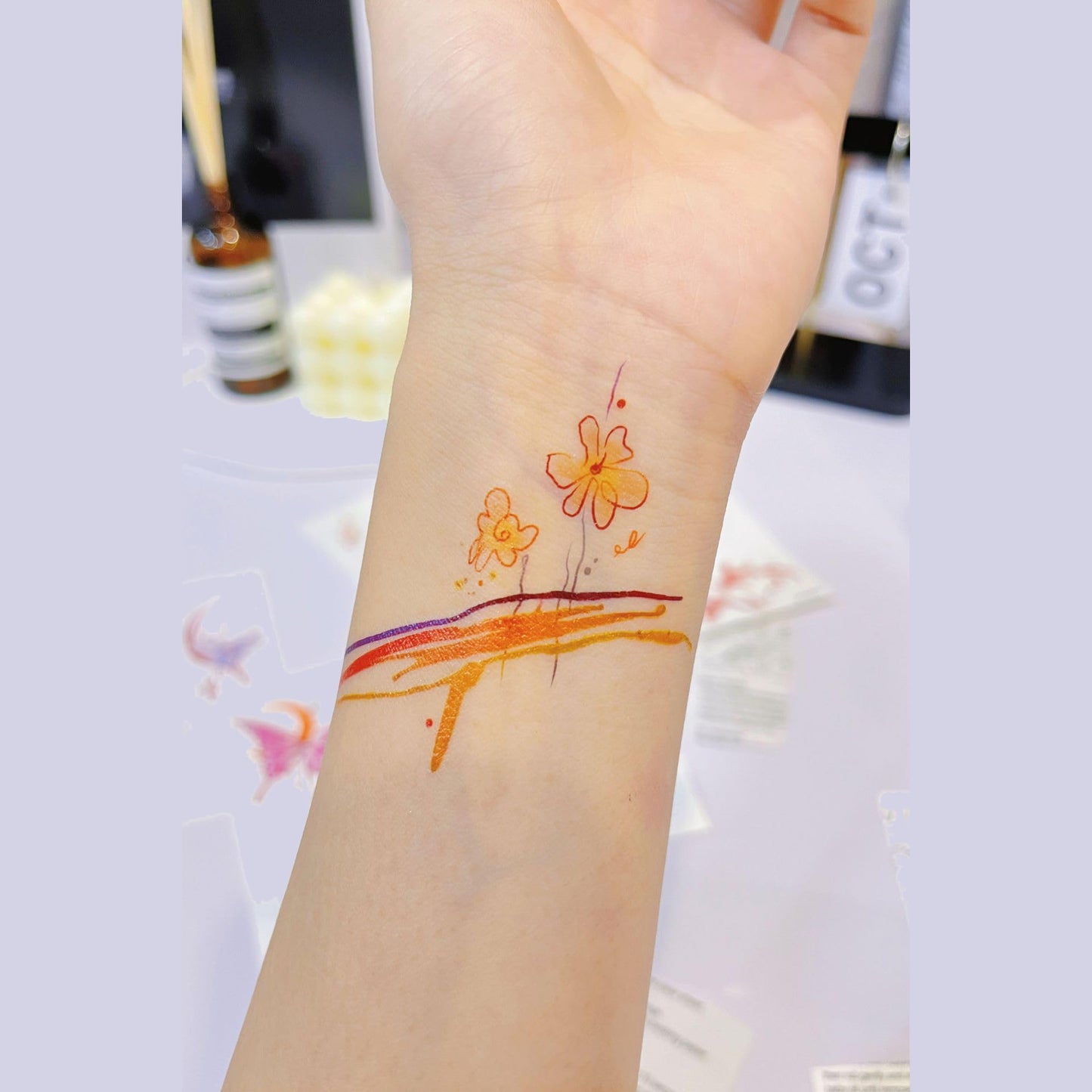 S.A.V.I Orange & Blue Floral Fireworks Line Art Temporary Tattoo Sticker – Waterproof Easy-Apply Body Art Safe Non-Toxic 12 × 7.6 cm Sheet for Wrist Hand Arm Women Girls, 1 Pc (60)