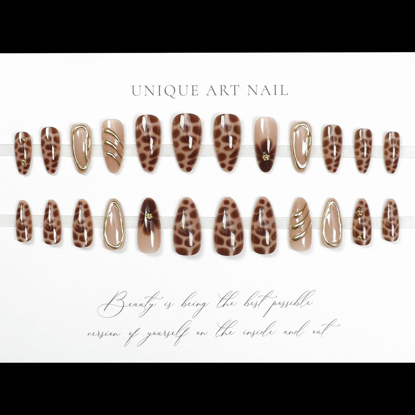 S.A.V.I 24Pcs Long Almond Nude & Brown Press-On Nails with 3D Chrome & Leopard Print – Reusable Nail Extensions with Glue & Adhesive Tabs for Salon-Style Manicure