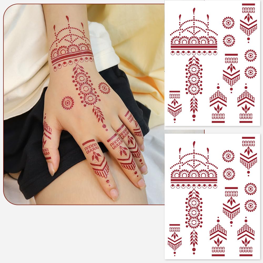 S.A.V.I 2 Sheets - Red Mehndi Style Temporary Tattoo Stickers for Women & Girls (16x12cm) | Floral Net Design | Waterproof, Safe, Non-Toxic Body Art for Hands – Easy to Apply & Remove (#49)